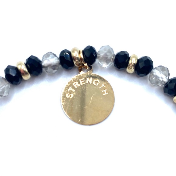 Strength Beaded Stretch Word Bracelet Black Gold Tone - Picture 4 of 4